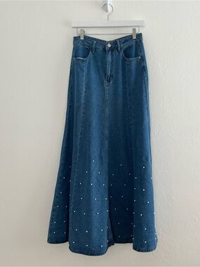 Blue Denim Maxi Skirt Sz 2 Button-Fly Pearl Embellished Detail Western Prairie